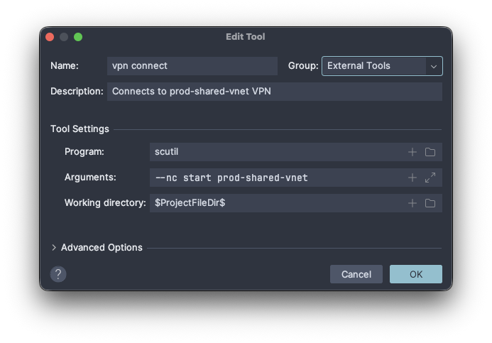 DataGrip - VPN setup - Create External Tool