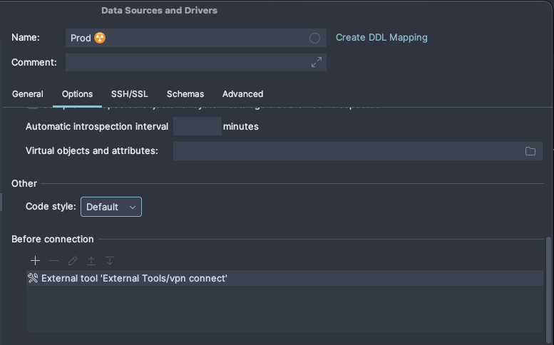 DataGrip - VPN setup step - Before Connection + Existing Tool